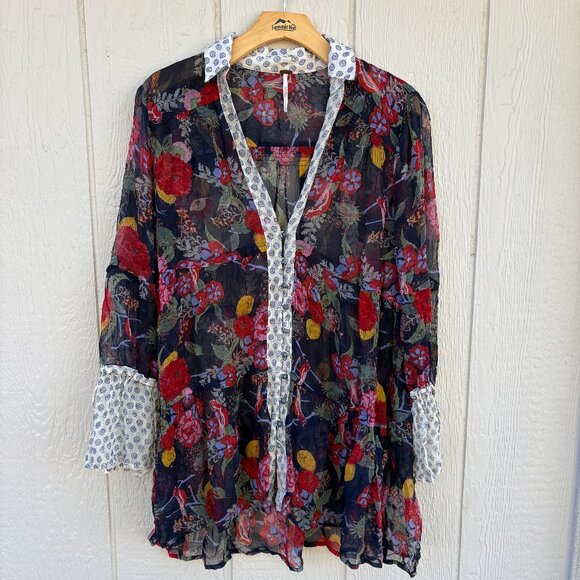 Free People Thunder Canyon Tunic Blouse Women's Small Floral Sheer Boho Cottage - Picture 2 of 11